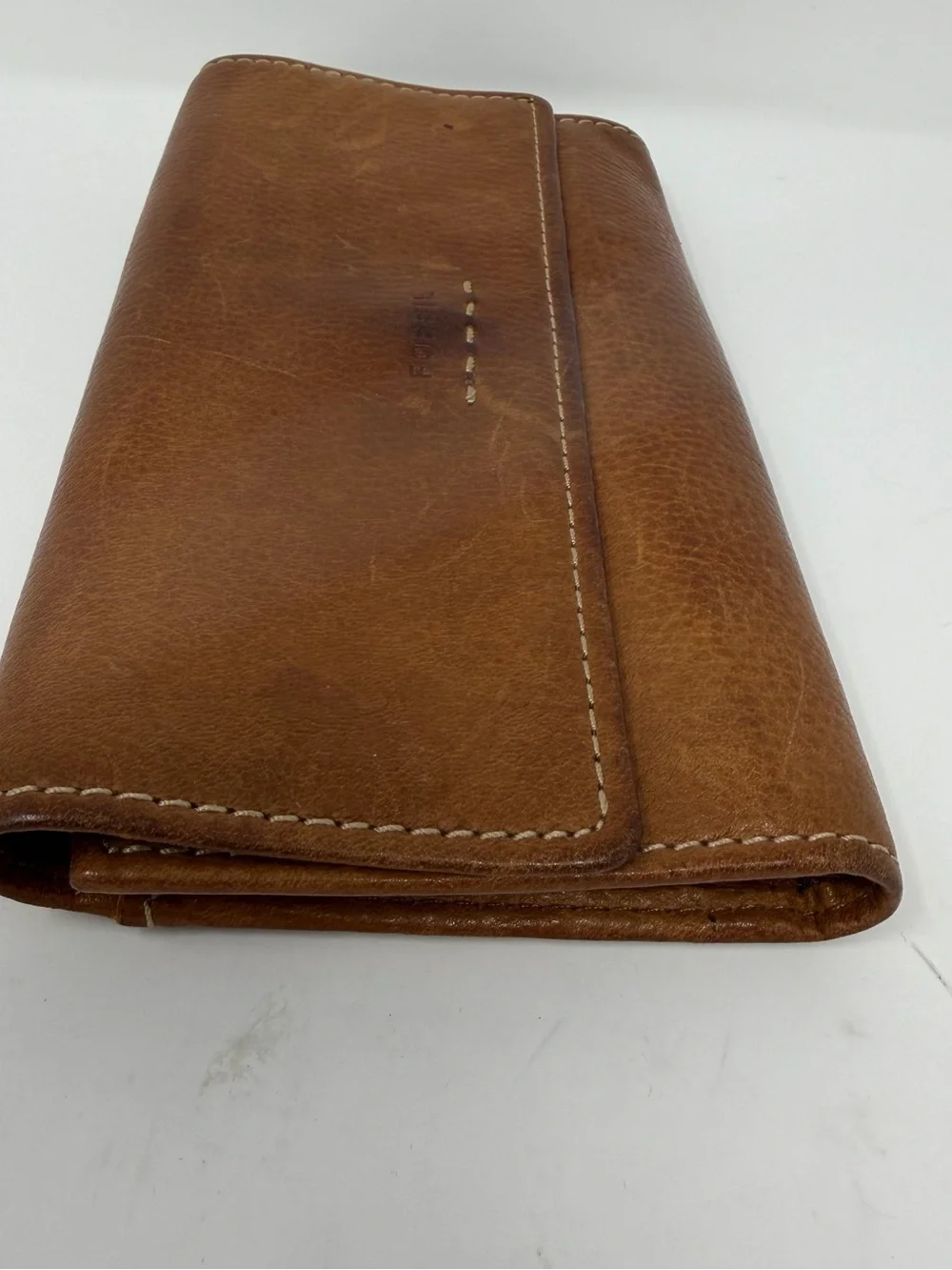 Fossil Brown Leather Trifold Pop Stitch Logo Checkbook Style Wallet
